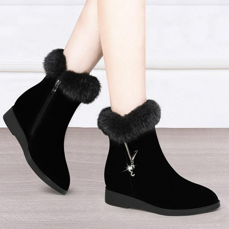 Plüsch Damenstiefel Bequeme Stiefeletten Mode Fell Schneestiefel Reißverschluss Winter Damen Baumwollschuhe Flache Sohle Rutschfeste Stiefel