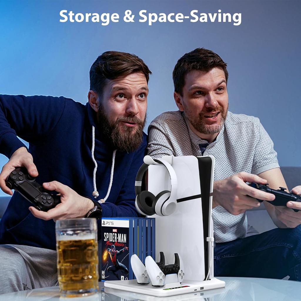 PARA PS5 Slim con estación de carga y soporte de almacenamiento para 8 juegos con ventilador de refrigeración y estación de carga para controlador PS5