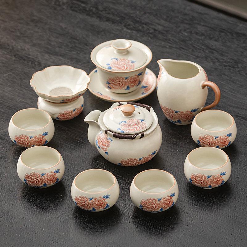 High-grade Beige Ru Kiln Hibiscus Ceramic Tea Set – Includes Teapot, Teacups, and Teaplate for Kung Fu Tea Ceremony, Suitable for Home and Office.