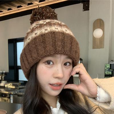 Winter New Jacquard Contrasting Wool Hat Women's Thickened Warm Windproof Hat Pullover Hat Cute Hairball Knitted Hat