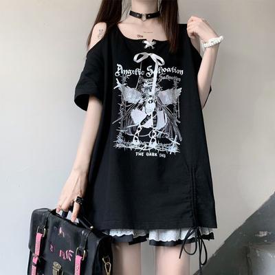 VAYLA New Summer Fashion Sweet Cool Chest Strap Square Neck Off Shoulder Short Sleeve Casual Loose Fit Sport Mid Length T-shirt