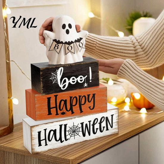 Indoor Fall Home Accents Halloween Ghost Decoration, Wooden Sign Tiered Tray Ornament, Farmhouse Durable Solid Wood Crafts Tabletop Centerpiece