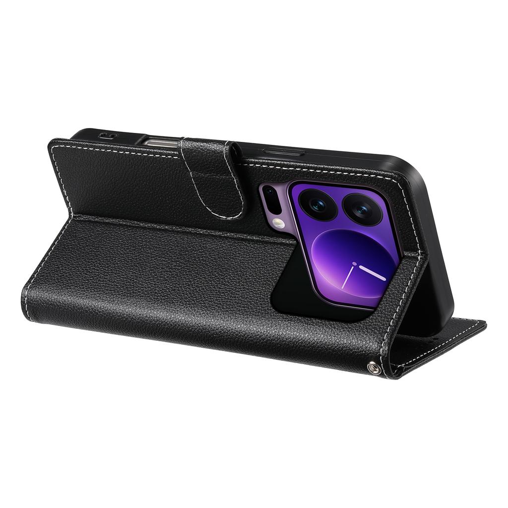 For Xiaomi 17 Pro Case Magnetic Snap Litchi Texture Leather Wallet Phone Cover with Wrist Strap