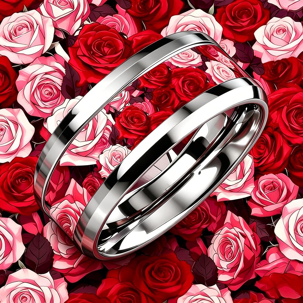 Fashion 8mm Men Stainless Steel Ring with Two-Tone Rose Flower Inlay Rings for Men Women Couple Wedding Party Jewelry No Fade