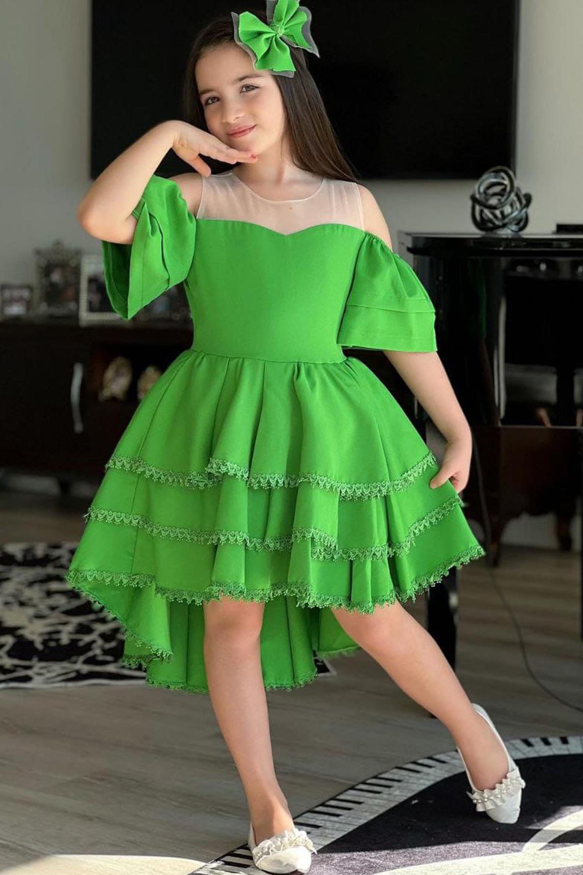 

Girl s Neck Sheer Off-Shoulder Layered Frilly Tailed Green Dress