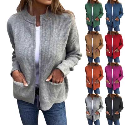 Women's Fashionable Solid Color Long Sleeved Stand Up Collar Zipper Loose Pocket Jacket Casual Jacket