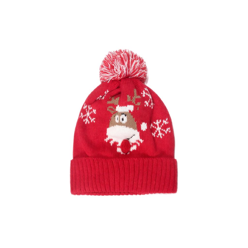 Festive Red Deer Knit Pom Winter Christmas Holiday Hat