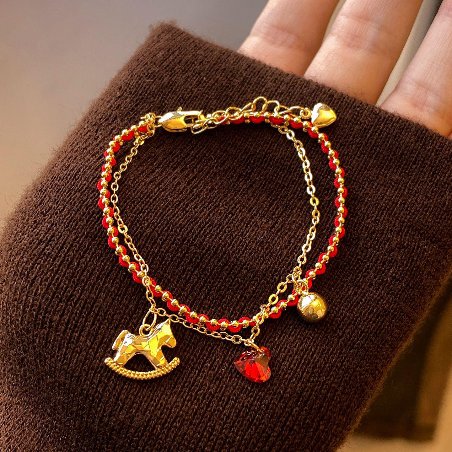

2026 Popular Red Heart Rhinestone Cartoon Horse Ball Double Layered Charm Bracelets for Women 18K Real Rose Gold Copper