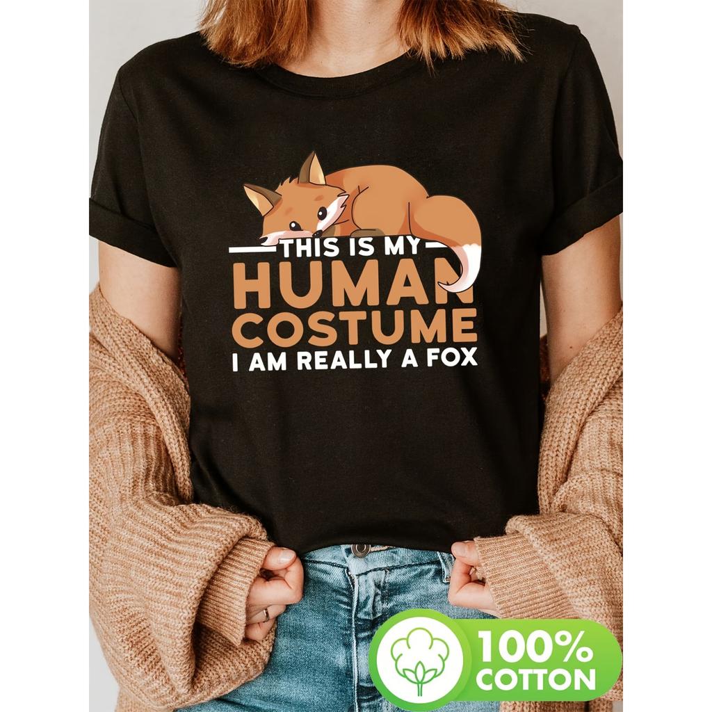 Fox Print T-Shirt | Short Sleeve Crew Neck Casual Top for Summer & Spring, Women'S Clothing, Slight Stretch Fabric