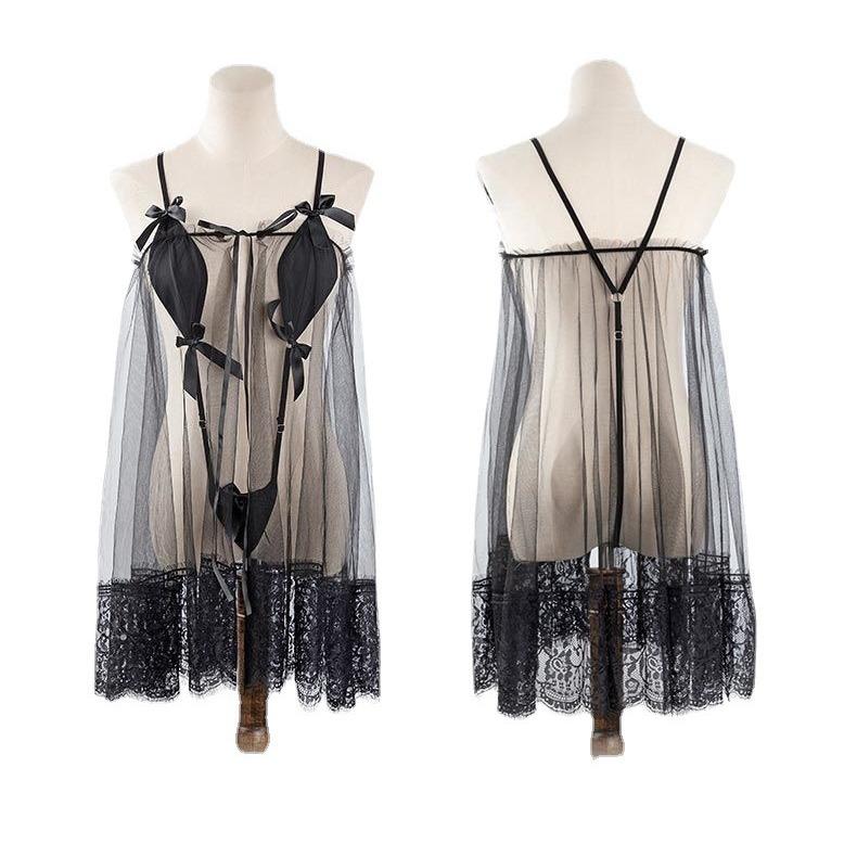 Large Size Sexy Lingerie Women's Gauze Skirt Empty Court Briar Transparent Nightdress Hollow Women's Three-point Passion Suit