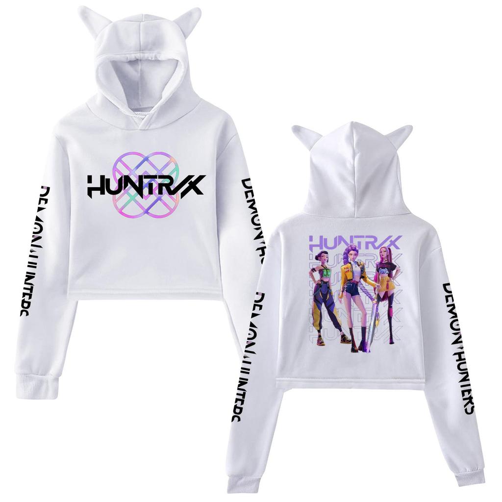 KPop Demon Hunters Cat Ears Cropped Hoodie Long Sleeve Mira Rumi Zoey Printing Sweatshirt Crop Top Women's Hoodies