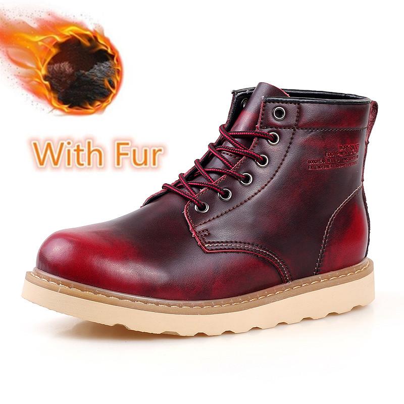 Men Tooling Fashion Casual Leather Shoes High Top Winter Warm Snow Boots Lace-Up Outdoor Motorcycle Ankle Boots Military Style