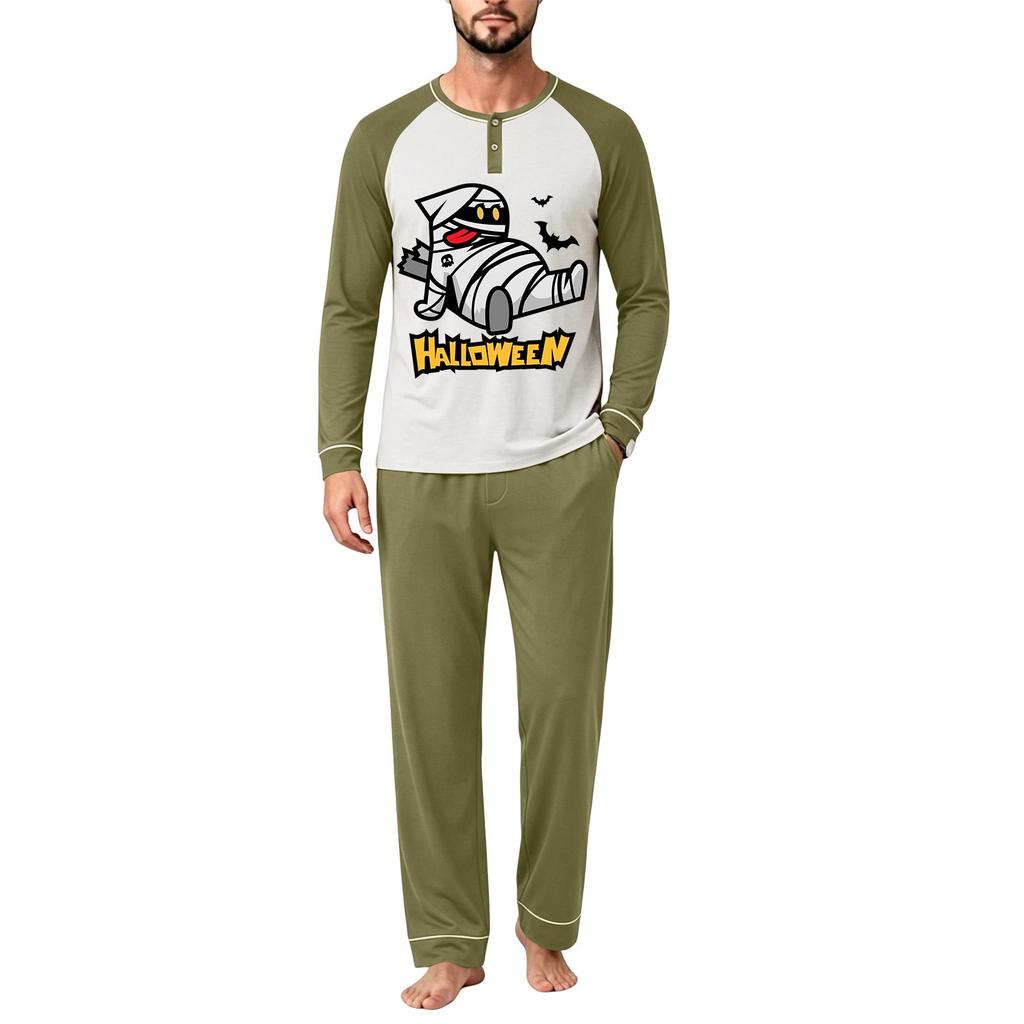 Men's Casual Loose Fit Raglan Sleeve Pajama Set with Halloween Letter Print