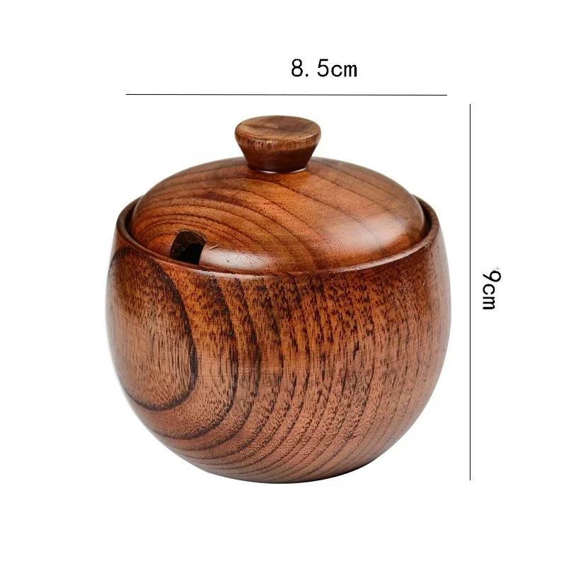 Wooden Seasoning Jar Salt Celler with Lid and Spoon Spice Pepper Seasoning Container Storage Box Kitchen Food Storage Tools