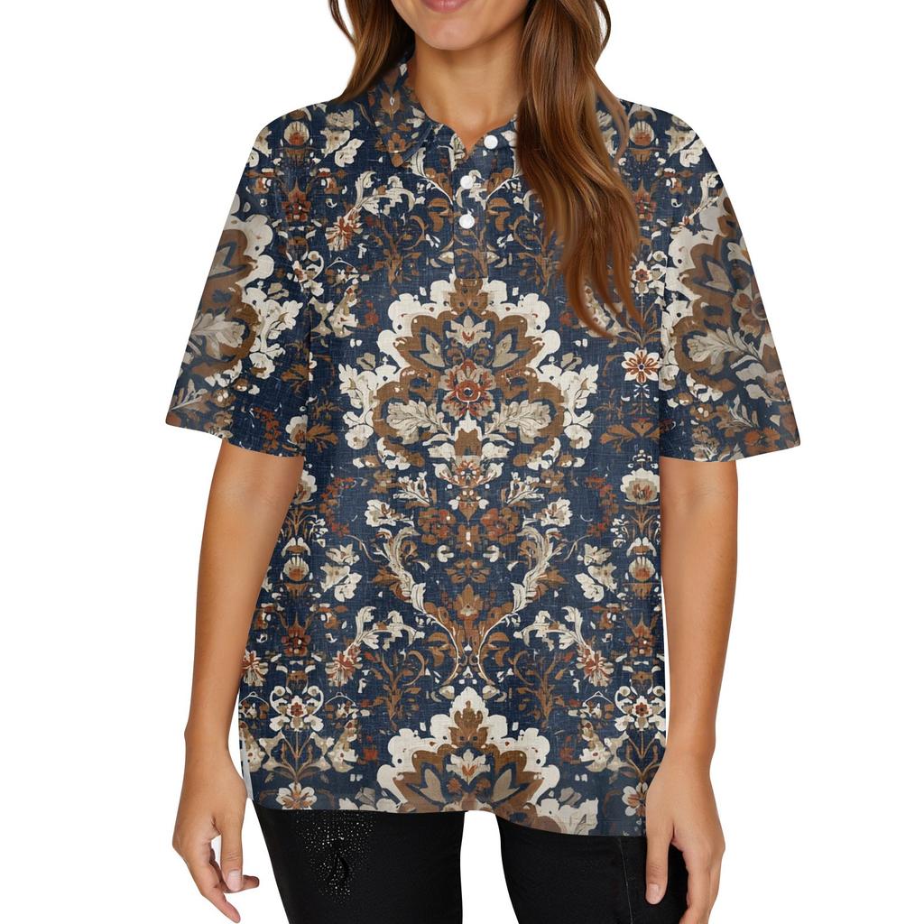 Dámská móda Neformální košile s potiskem s klopou a krátkým rukávem Dámské topy se zapínáním na knoflíky