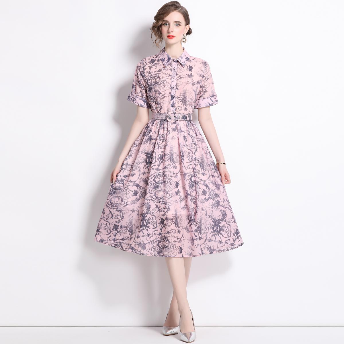 

Летнее женское брендовое дизайнерское винтажное платье с принтом для подиума, платье-рубашка с коротким рукавом и отложным воротником с поясом L розовый
