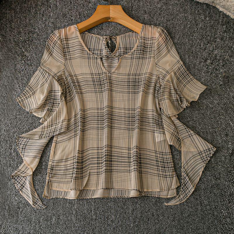 

Весна и Лето Внешняя Торговля Корейский Стиль Новый Легкий Дышащий Прохладный Универсальный Круглый Вырез Волан Короткий Рукав Пуловер Топ Khakis Gingham S