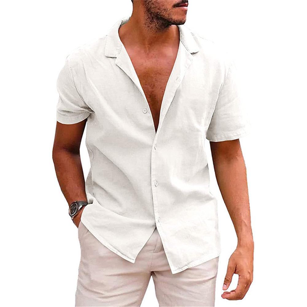 2026 Men's Casual Lapel Short-Sleeve Solid Color Cotton and Linen Shirt - European and American Style