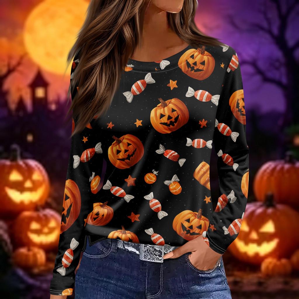 Womens Halloween Print Long Sleeve Top Round Neck Casual Pullover Shirt with Side Slit Hem Lightweight Stretchy Fabric