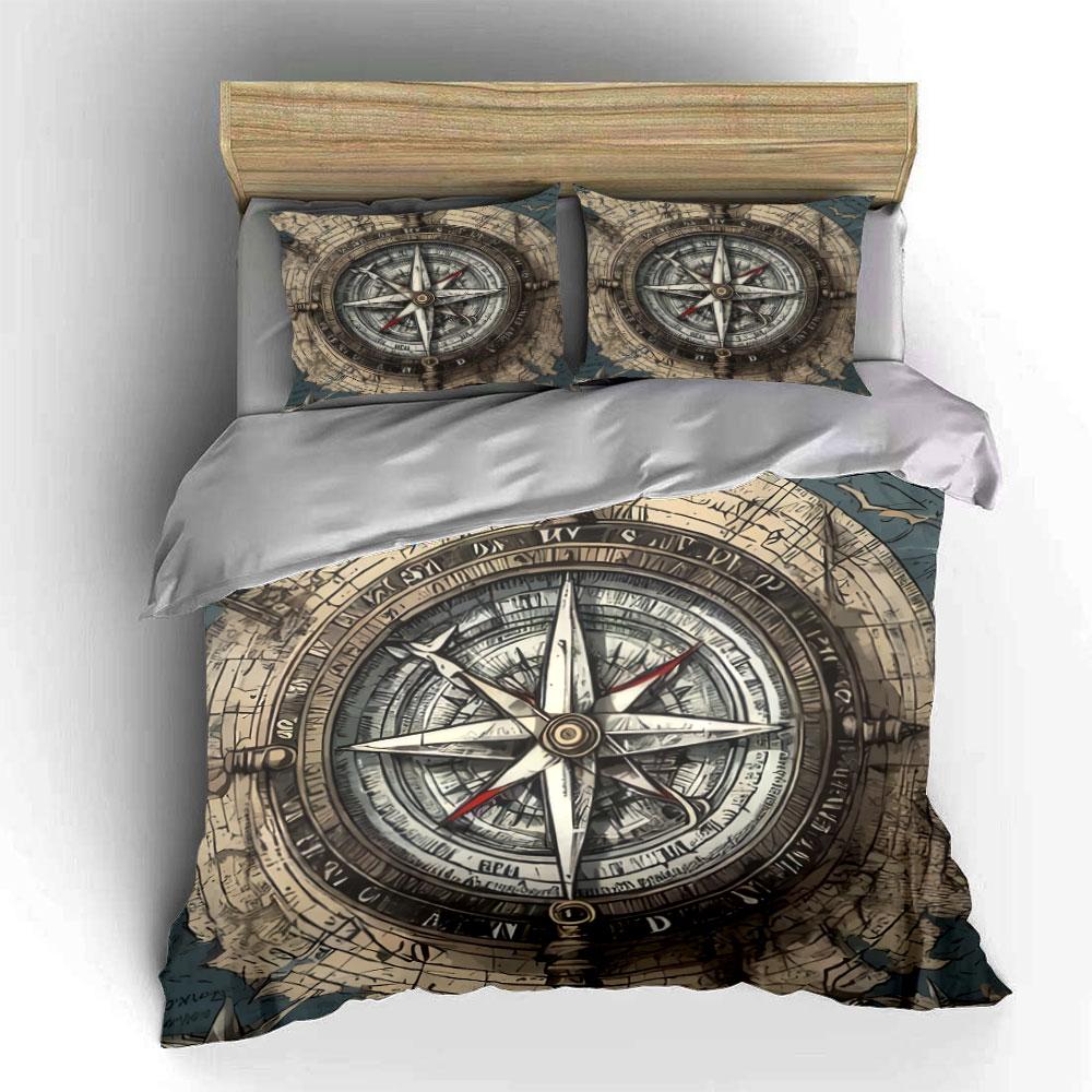 Vintage Nautical Compass Decor Set Soft Skin-Friendly Bedding Set Includes 1 Duvet Cover And 2 Pillowcase Gift