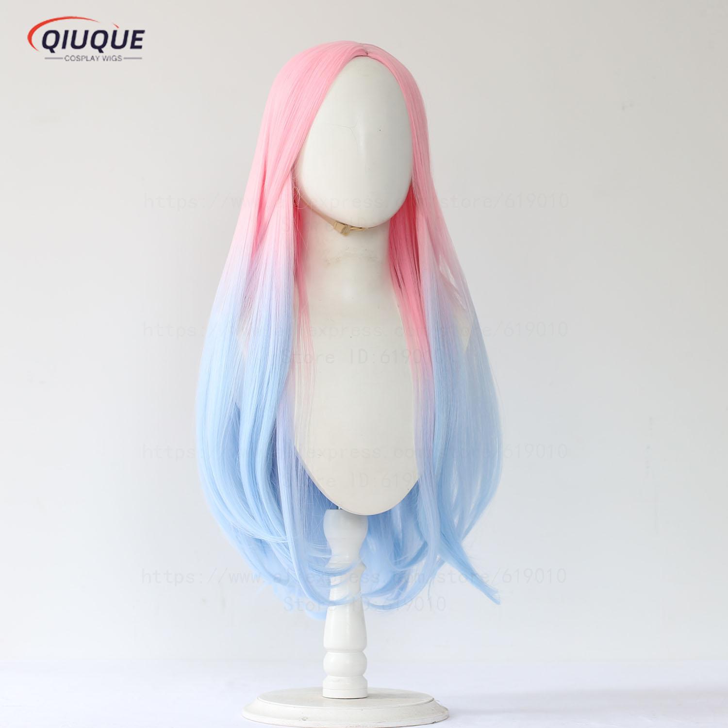 Anime Mizi Cosplay Pruik Lang Roze Blauw Geverfd Gradiënt Pruiken Hittebestendig Synthetisch Haar + Pruikenkap One Size