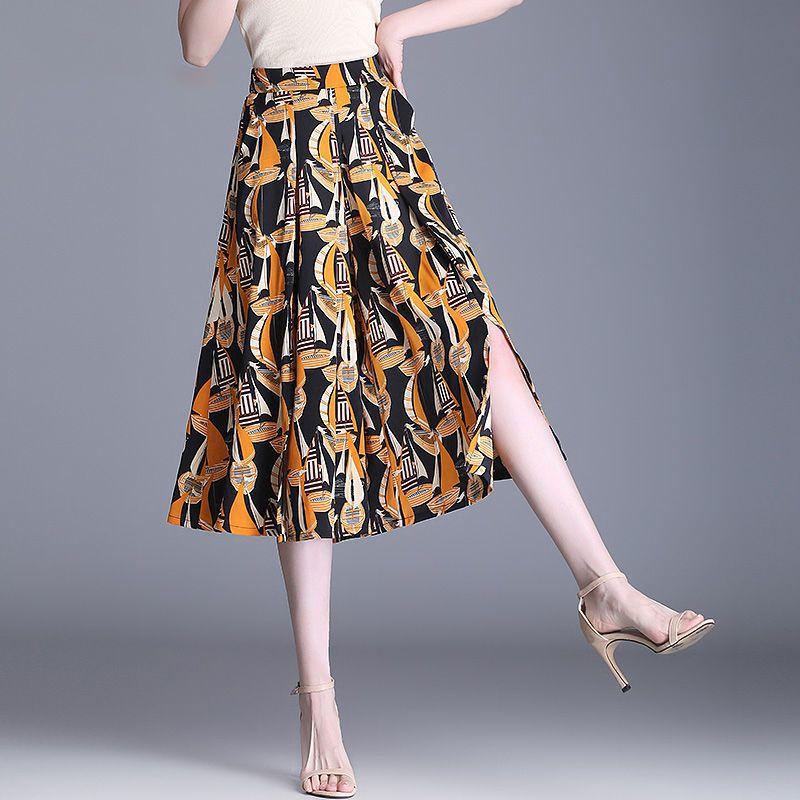 Summer Women Geometric Patterns Wide Leg Skirt Pants Korean New Fashion Capris Oversized Casual Elastic High Waist Slit Trousers