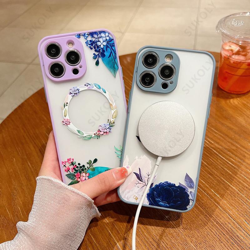 Flower Pattern Case For iPhone 17 16 13 15 Pro Max 14 12 Pro 11 Air Shockproof For Magsafe Charging Iron Ring Matte Phone Cover