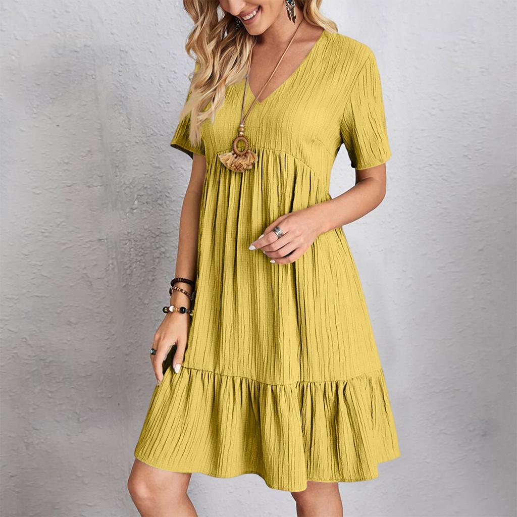 Women's  Color Casual Fashion V-neck Short Sleeved Dress