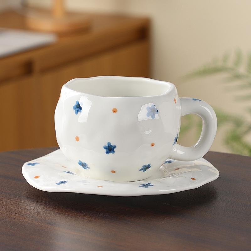 Korean Hand-Painted Ceramic Cup & Saucer Set - Creative Irregular Design for Coffee & Tea