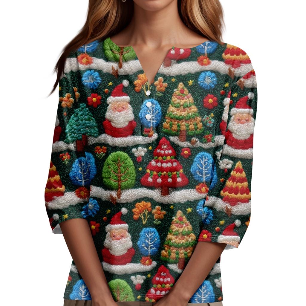 Damenmode Lässig Halloween Bedruckt V-Ausschnitt Kurzarm Zierknopf Dreiviertelarm T-Shirt Top