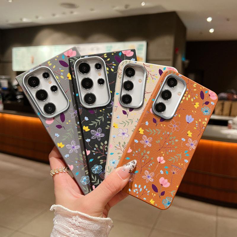 Carcasă pătrată din piele cu textură florală cu model floral pentru Samsung S25 S24 S22 Ultra S23 S21 S20 Fe A55 A54 A53 A52 A35 A15 A16 rezistentă la șocuri moale TPU subțire husă