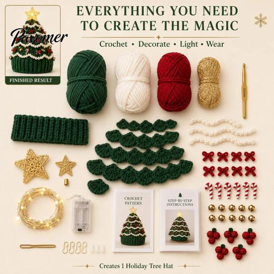 Parent Child Interaction Craft Christmas Tree Crochet Hat DIY Kit, Beginner-Friendly Light-Up Handmade Gift for Friends Complete Kit with Yarn, Tools,