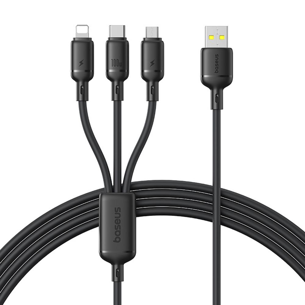 

BASEUS Silky 1.5m One-For-Three USB-A to Micro+iP+Type-C 100W Fast Charging Cable Black