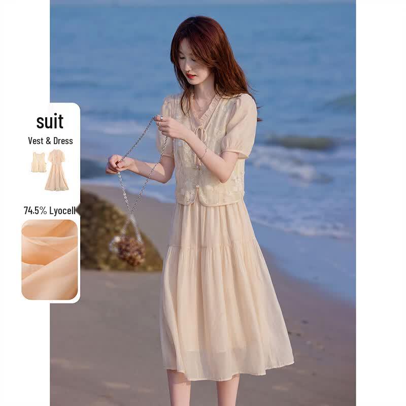 Summer French Lace Embroidered Vest Dress Set M
