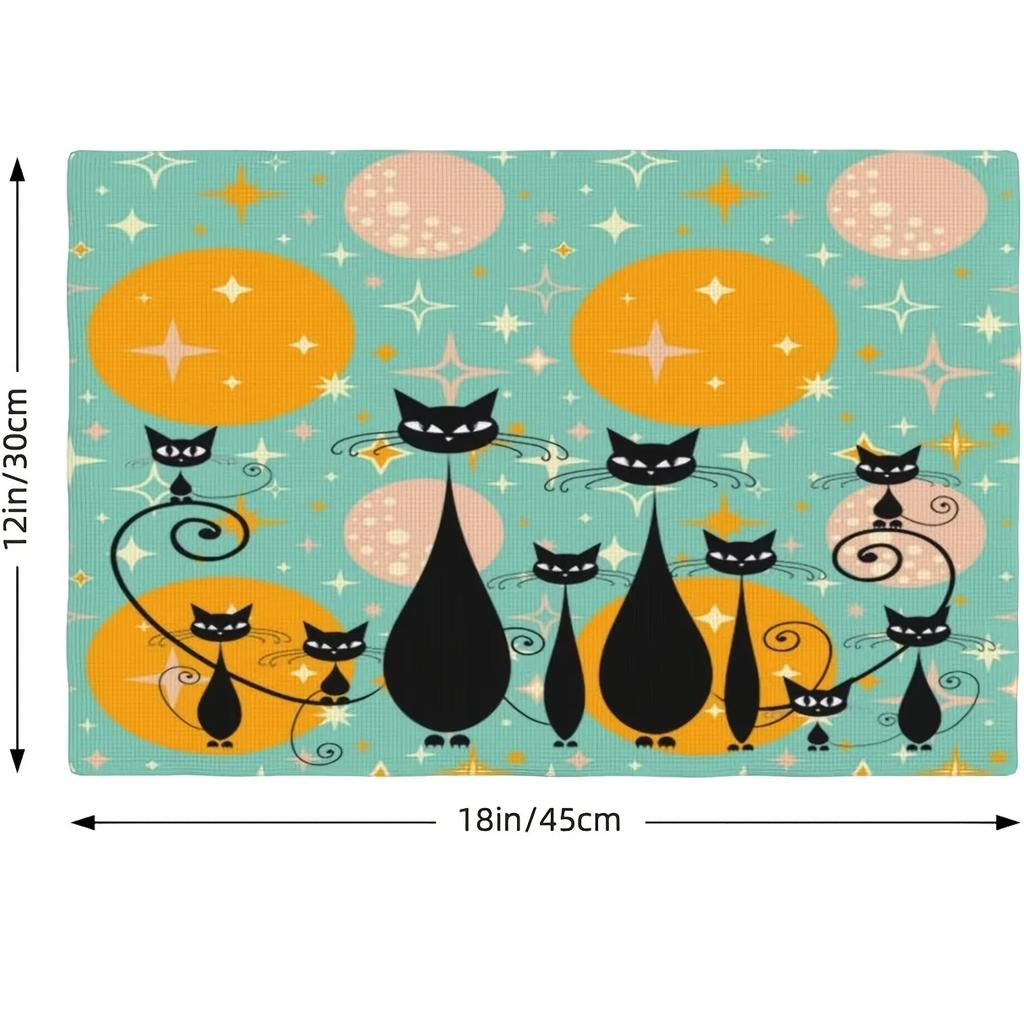 4PC Set of Medieval Black Cat Placemats Vintage Naughty Cat Abstract Geometric Atomic Starburst Placemat