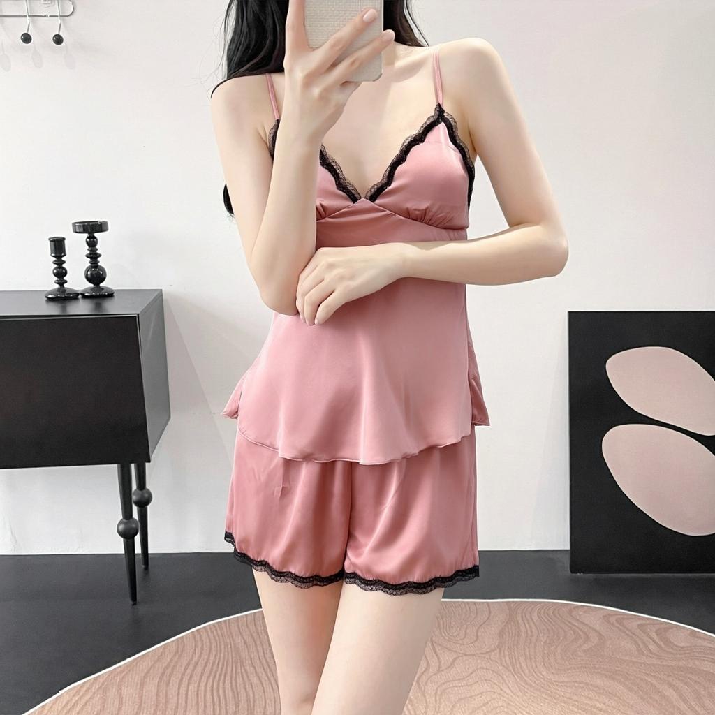 New Korean Version of Ice Silk Pajamas Female Sexy Spring and Summer Lace Suspender Shorts Set Thin Versatile Loungewear