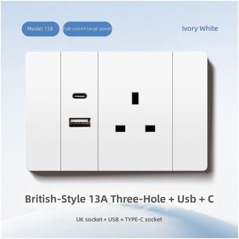 Type 118 3-Pin Plug British Standard PC USB Wall Socket with Touch Panel Durable Power Switch Socket