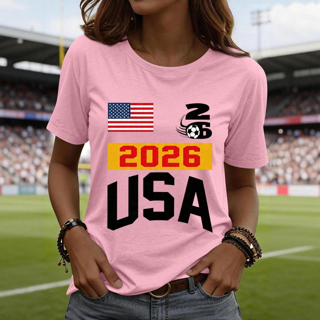 Women's Casual Short Sleeve T-Shirt Fashion Soccer World Cup Printed Crew Neck Top Lightweight Comfortable Fit USA 2026 Design