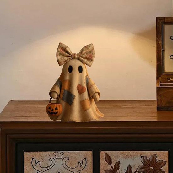 Patchwork Ghost Halloween Decor Handmade Ghost with Pumpkin Bucket And Floral Bow Vintage Tabletop Ornament for Shelf Home Decoration