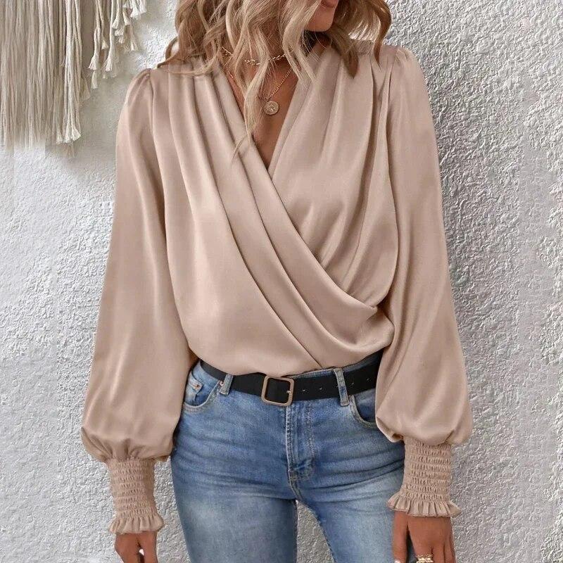 Chemise ample plissée à manches longues pour femmes, chemisier Simple et élégant, col en v croisé, couleur unie, hauts décontractés, vêtements 29658