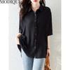 MODIQUE Sommer Plus Größe Frauen Baumwolle Leinen 5990 Bluse Shirts POLO Sommer Büro Dame Mäntel Oversize Solide Offenen Stich tasten
