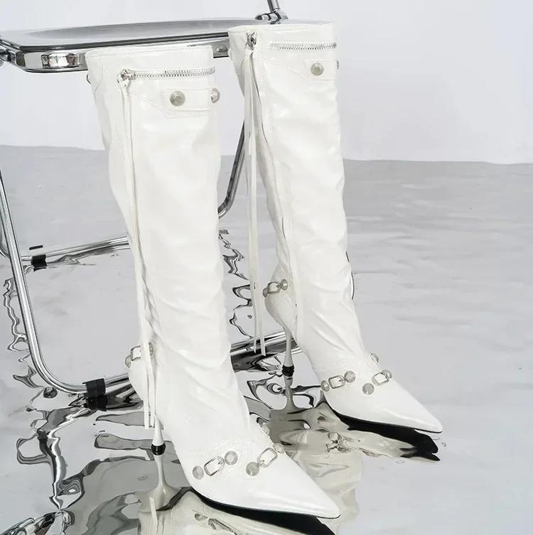 

Women s Boots 2026 Autumn Winter New Metal Decoration Knight Boots High Heels Pointed Tassel with Knee Fashion Boots Botas Mujer 35 белый