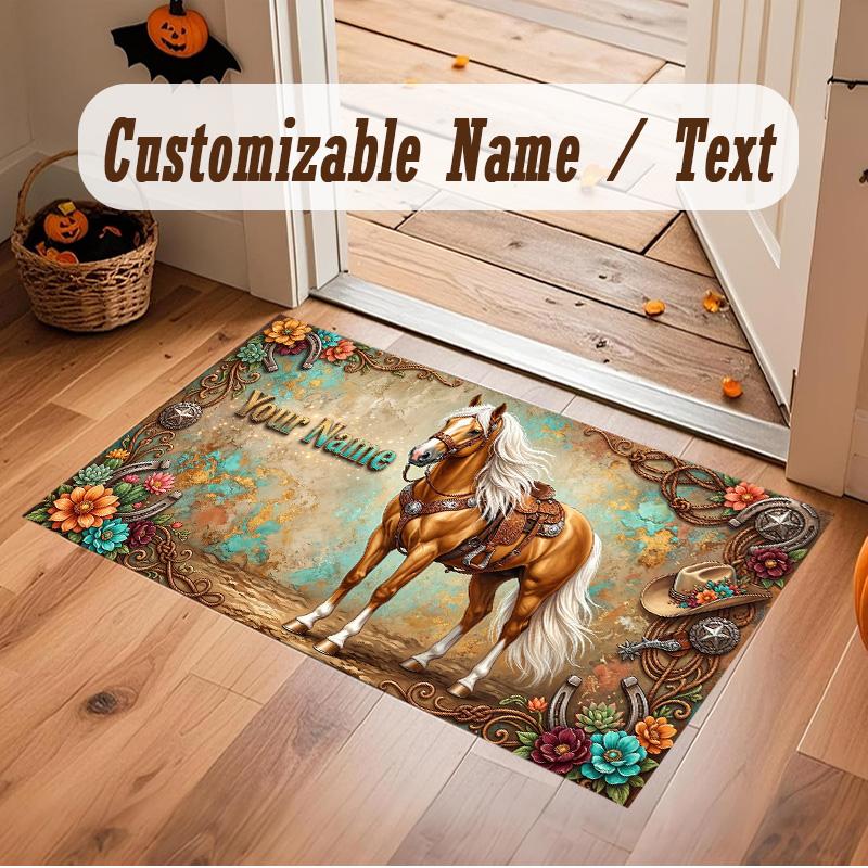 Horse Theme Soft Crystal Velvet Rug Custom Name & Text Print Non Slip Floor Rug for Bedroom Living Room