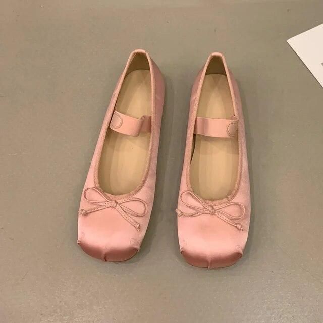 Luxury Satin Silk Ballet Shoes Woman Classic Square Toe Bowtie Elastic Band Ballerina Flats Ladies Soft Loafers