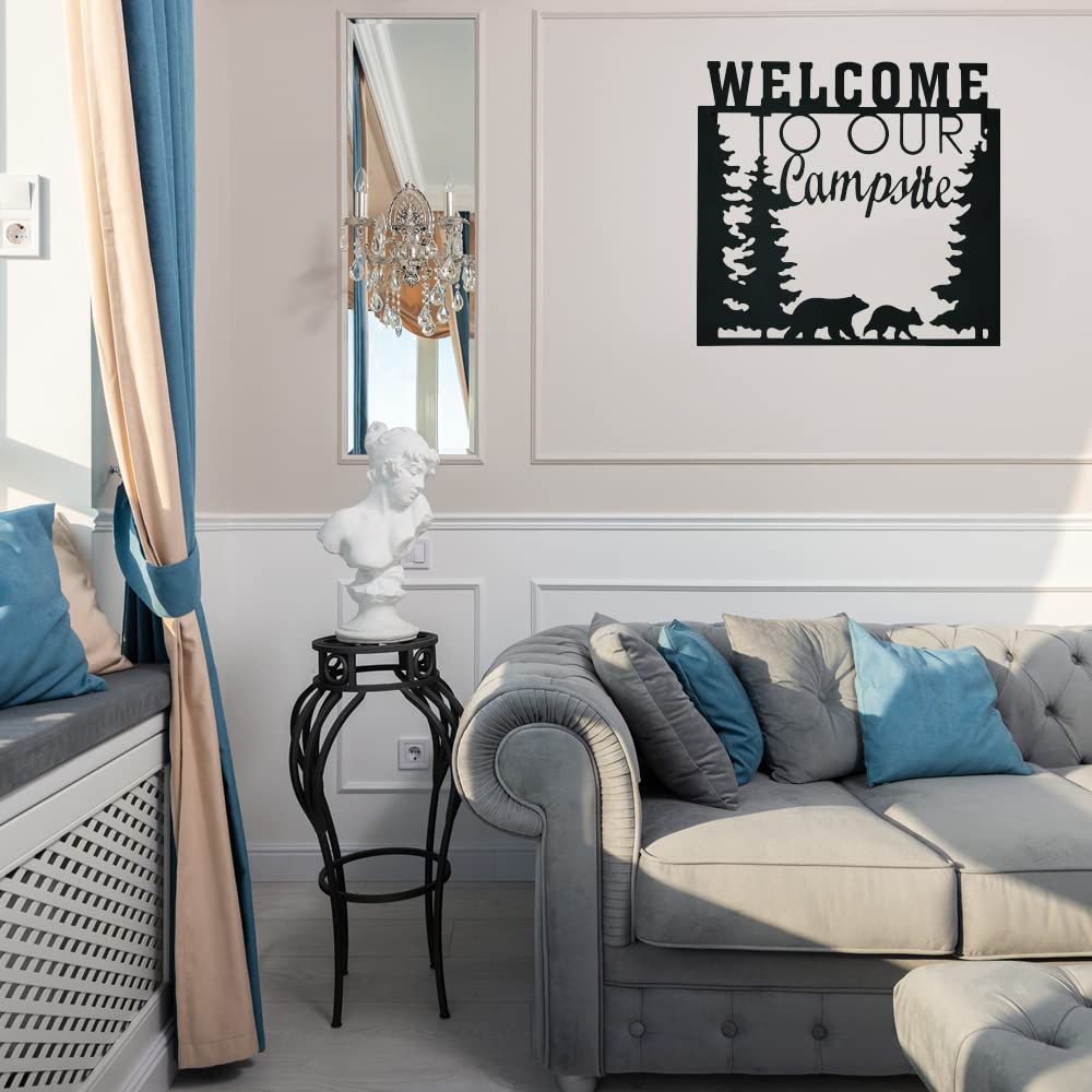 Sweet Home Welcome Campsite Sign Metal Wall Art with Leaf Wreath Rustic Farmhouse Wall Decor for Door Room Entryway Decoration