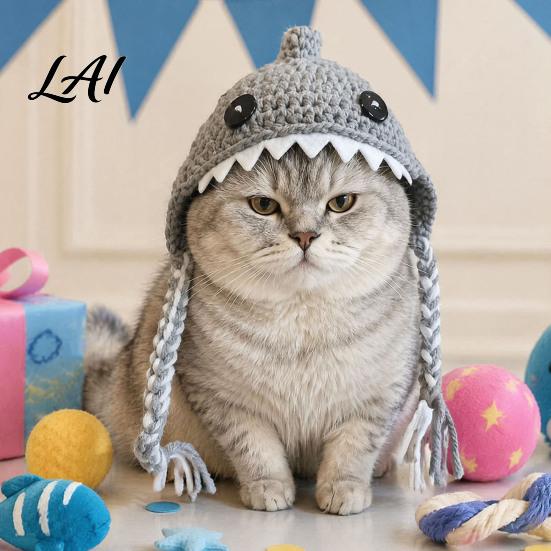 Crocheted Cat Hat Funny Shark Hat Pet with Braided Costume for Halloween Straps Soft Cute Knitted Cats Small Dogs Photography Props