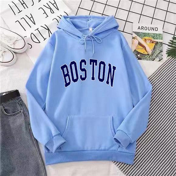 Women's Hooded Long Sleeve Sweatshirt Loose Fit Lazy Style Boston Letter Print Pullover Hoodie Vintage Autumn Winter Warm Outerwear