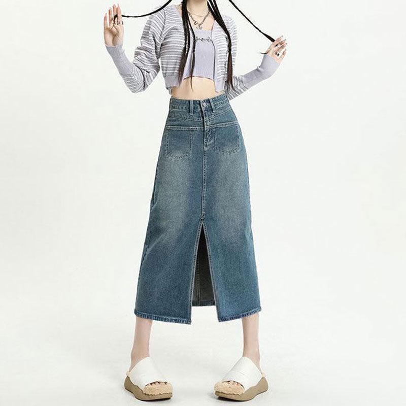 Jeansrock Damen Design Hohe Taille Taschen Gerade Vintage Schlitz Midilänge A-Linie Halbkörper Vielseitig Bequem Mode Denim Bustierrock