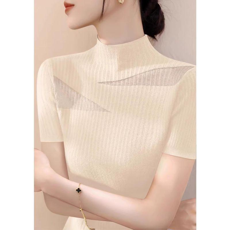 

Лиоцелл Тенсел Водолазка Слим Короткий рукав Трикотаж Женский Летний Новое поступление Кружево Сетка Ледяной шелк Фиолетовые Топы Apricot 3XL