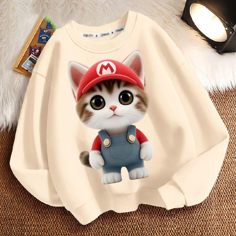 Cute Cat Round-neck Sweatshirt for Children, Long-sleeved Casual Sweatshirt for Boys and Girls in Spring and Autumn